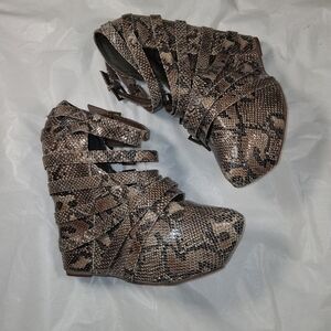 Used Vintage JEFFERY CAMPBELL Snakeskin Wedge Booties Brown-Womens Size 9